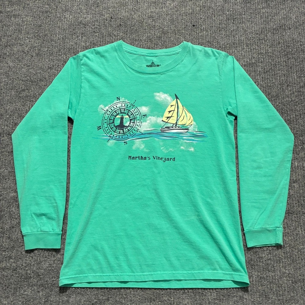 Yacht Club Mens Long Sleeve Shirt Small Green Martha's Vineyard Compass Sailboat